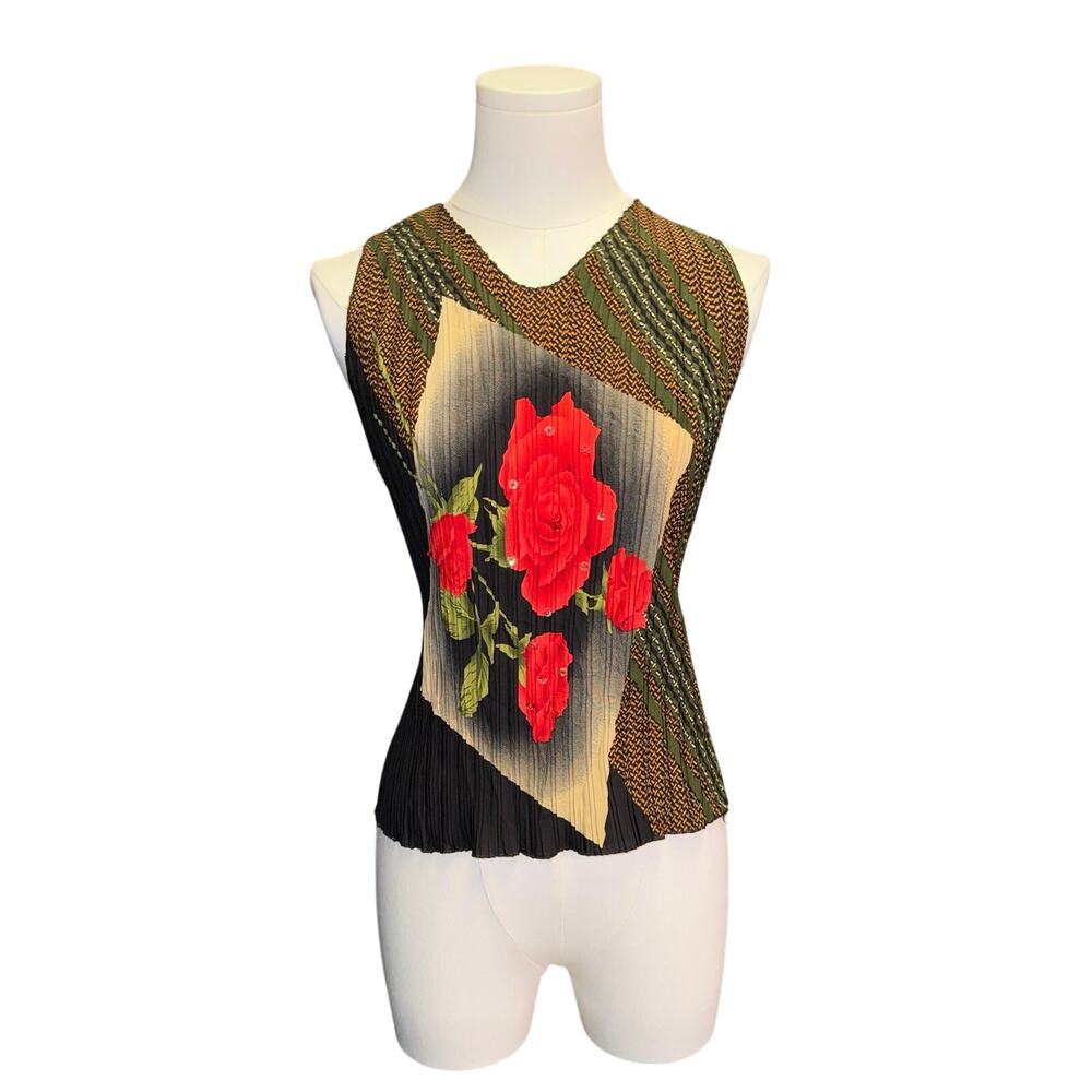 Plisse Pleated Rose Print Tank Top Sequin Sleeveless Blouse Y2K Euro VTG